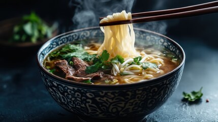 The Pho is served in a bowl with traditional and steam is rising from the soup, that it is still hot. The contents of the pho are clearly visible, including white, translucent pho noodles, cilantro