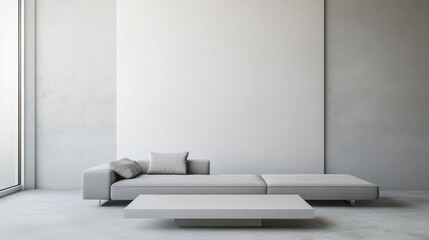 Modern minimalist living room with minimalistic furniture. Featuring a clean, open layout with sleek lines