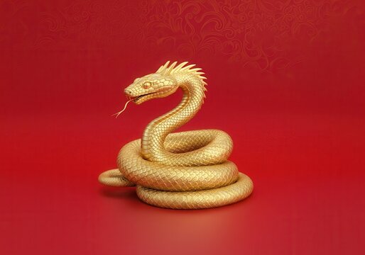 Golden snake statue coiled on a red background, symbolizing the chinese zodiac sign of the snake
