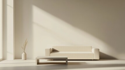 Modern minimalist living room with sparse furnishings. Featuring a clean layout with open space and uncluttered lines