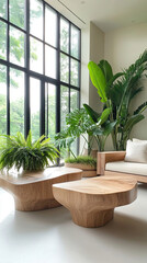 Fototapeta premium Großzügiges biophiles Wohnzimmer mit Panoramablick ins Grüne