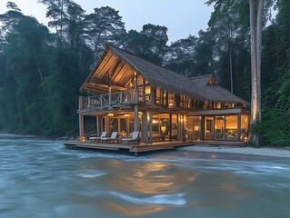 Fototapeta premium Luxurious Riverfront Bungalow Nestled In Lush Rainforest