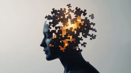 Conceptual image of a human head with puzzle pieces floating around, representing the complexity of the mind, emotions, and the process of self-discovery and understanding.