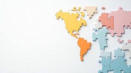 Obraz premium Colorful Puzzle Pieces Forming a World Map on a White Background, Representing Global Diversity and Connection in a Creative and Artistic Concept