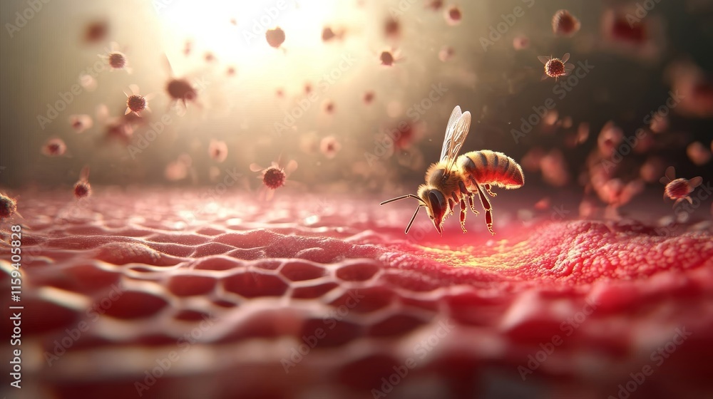 Poster close-up of a honeybee pollinating on a vibrant red surface with sparkling light backdrop, capturing