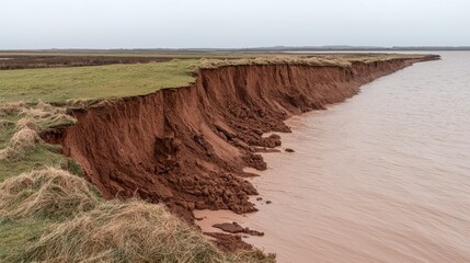 Erosion of Coastal Cliff with Red Soil and Water Under Overcast Sky