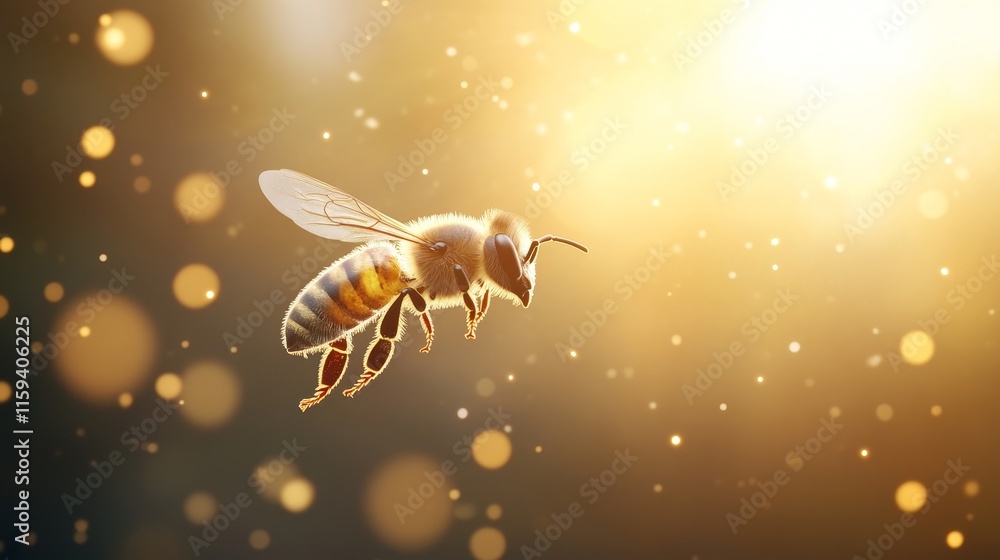 Poster close-up of a bee in flight with soft glittering light and bokeh effect, capturing the beauty of nat