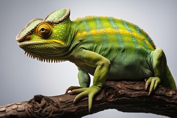 Obraz premium Vibrant green chameleon perched on a branch, showcasing intricate details and vivid colors in natural light.