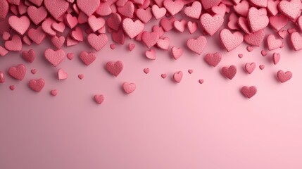 A collection of pink hearts scattered across a soft pink background, creating a romantic and whimsical atmosphere.