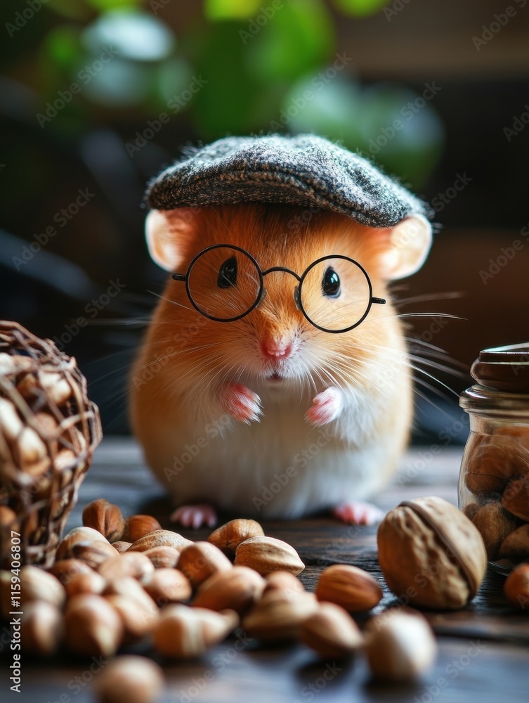 Aufkleber cute hamster with round glasses and tiny cap surrounded by nuts on a wooden surface in a cozy atmosp
