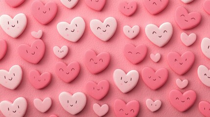Obraz premium A colorful arrangement of smiling heart-shaped candies in pink and white, creating a cheerful and playful pattern on a soft pink background.