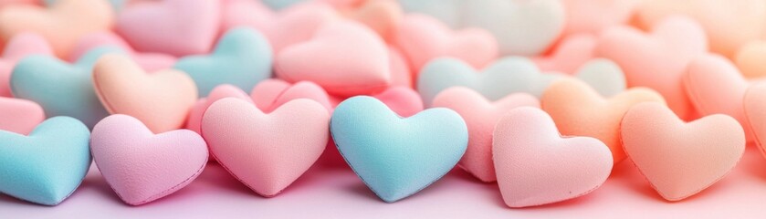 Fototapeta premium Colorful heart-shaped candies in soft pastel hues scattered across a surface, creating a playful and romantic atmosphere.