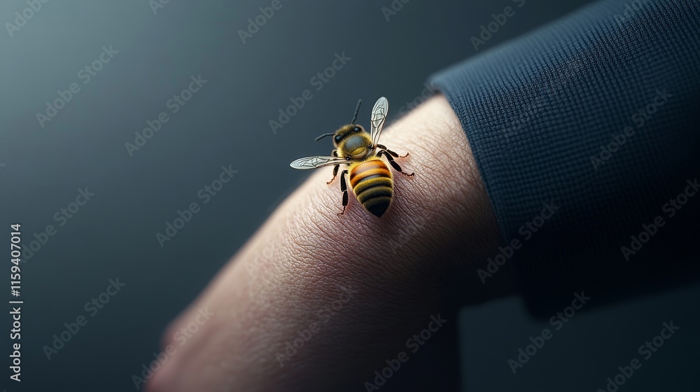 Poster close-up view of a honeybee resting on a human arm in a studio setting with dramatic lighting and so