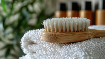 Luxurious facial brush with soft bristles on fluffy towel, perfect for skincare