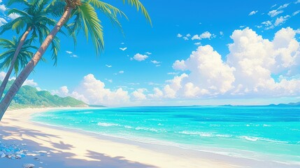 A serene beach scene with palm trees and vibrant blue waters under a clear sky.