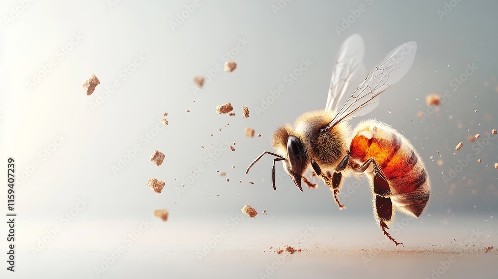 Poster close-up of a honey bee collecting pollen in a soft and dreamy atmosphere, highlighting insect's fea