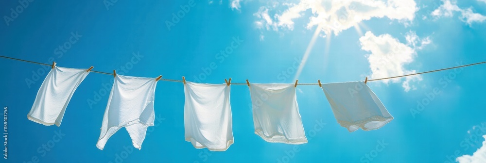 Poster bright white clothes hang on a clothesline under a sunny blue sky with fluffy clouds creating a sere