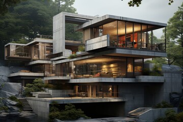 Fototapeta premium Modern Multi-Level Glass and Concrete House Nestled in a Forested Landscape, Luxurious Contemporary Architecture, Ai Generation