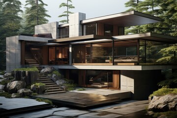 Obraz premium Elevated Modern Concrete Home with Lush Landscaping and Glass Facades Nestled in a Forested Environment, Ai Generation
