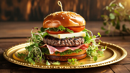 Gourmet Burger with Fresh Greens, Tomato, Cheese, and Prosciutto on a Golden Plate