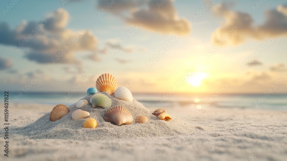 Poster a beautiful display of colorful seashells on soft sandy beach during sunset with a serene ocean view