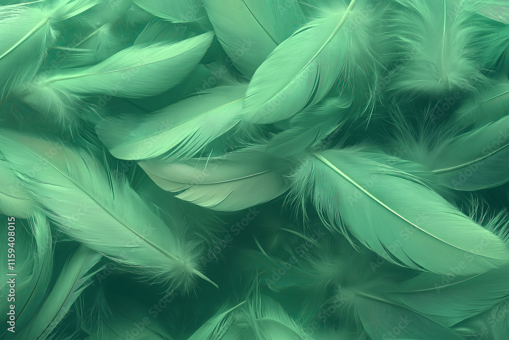 Poster feather-like textures in soft blues and greens, blending into a mist