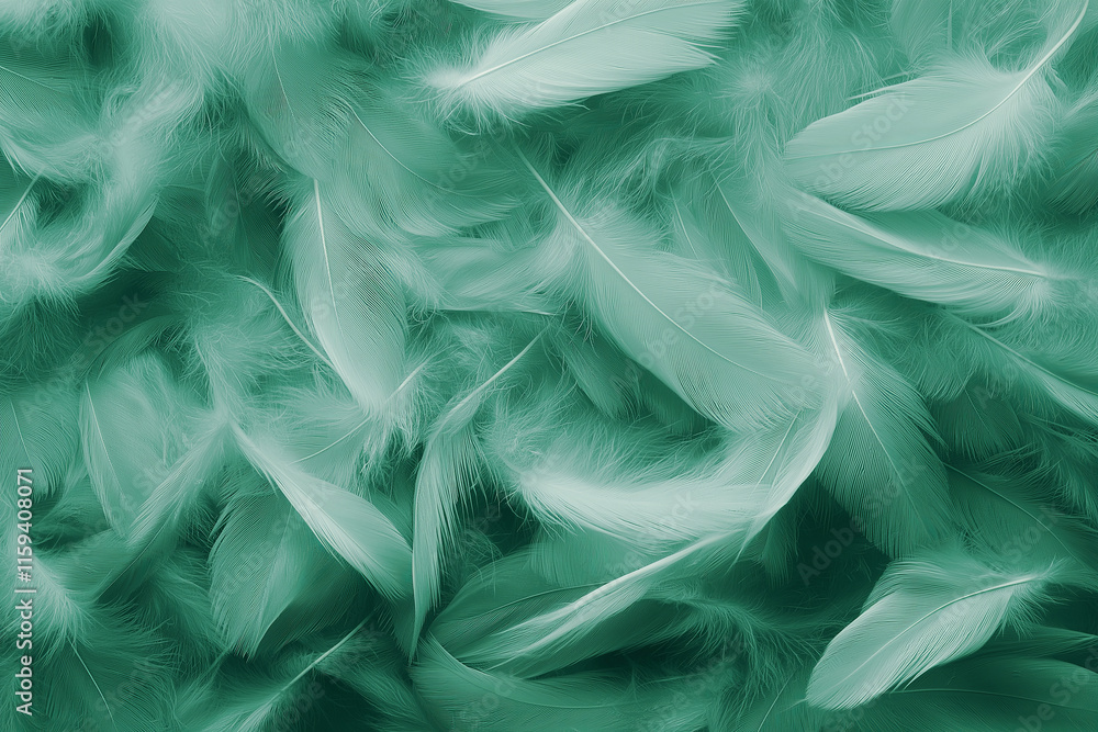 Poster feather-like textures in soft blues and greens, blending into a mist