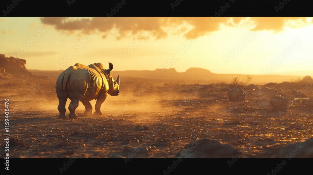 Aufkleber Close up of a rhino in a barren savanna at sunset with ample space for text and a tranquil background. Generative AI