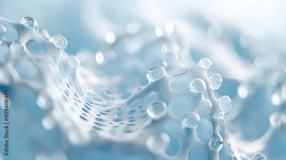 Poster abstract blue and white 3d rendered flowing lattice structure with water droplets.