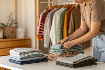 Woman Folding Clothes at Home