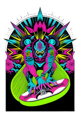 illustration cool looking  skateboard art, monster, skateboarder, skateboarding, suitable for apparel designs, psychedelic, fantasy, creature, fun, vibrant, edgy, bold, creative, unique, dynamic