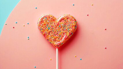 Heart-Shaped Lollipop with Colorful Sprinkles on Pink and Blue Background