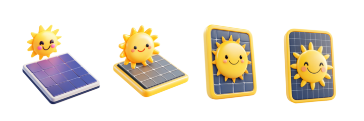 A 3D icon of a solar panel with a smiling sun shining brightly above it, on a transparent background