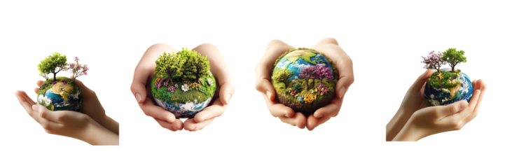 A 3D icon of a pair of hands gently holding a miniature Earth with trees and flowers growing, on a transparent background