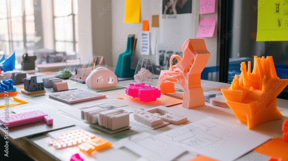 Aufkleber a vibrant workstation filled with a chaotic assortment of 3dprinted models blueprints and sketches a