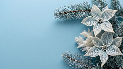 Minimalist and elegant illustration of a winter themed arrangement on a light blue background.