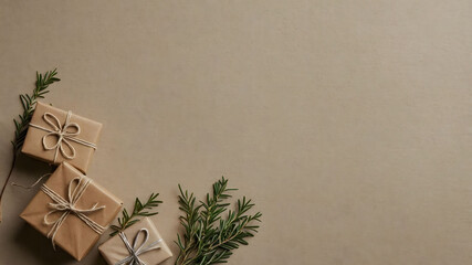 Minimalist, flat-lay style illustration with three small rectangular gift boxes on the left side.