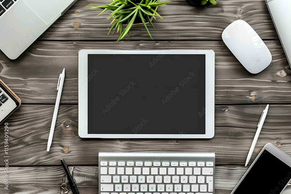 Poster a tablet with a blank screen on a minimalist desk, accompanied by a wireless keyboard and a mouse