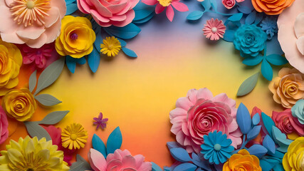 Elaborate paper flowers arranged in a circular frame around a gradient background.