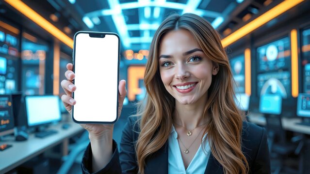 woman showing mobile phone with white screen while smiling, futuristic background, mockup of business content, technology, communication, and IT industry, including software promotion, applications, 