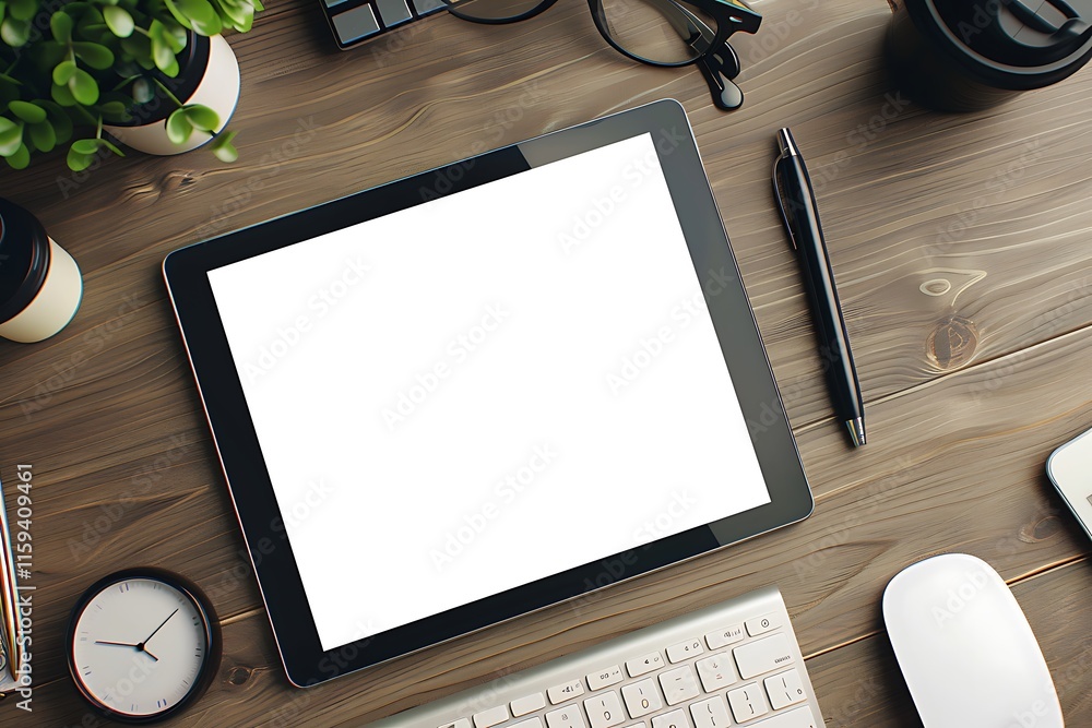 Poster a tablet with a blank screen in a modern office, with a blank screen for product display and adverti