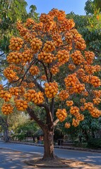 Naklejka premium Abundant orange fruit laden tree in a park.