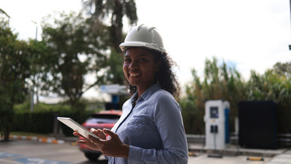 A Black female Electrical engineer is examining the electric vehicle charging pile, EV charger,...