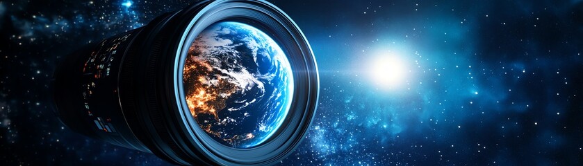 Fototapeta premium Stunning cosmic view through telescope capturing Earth in vibrant outer space with glowing star.