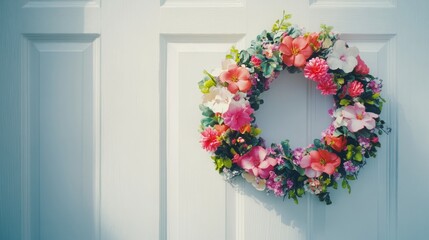 Vibrant floral wreath on white door featuring colorful spring blossoms