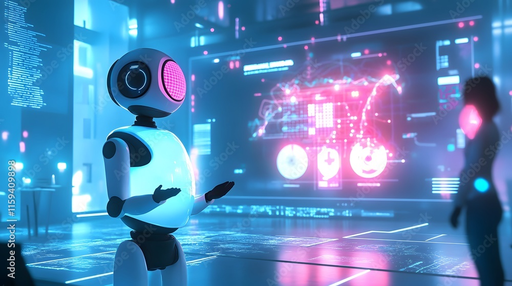 Poster robot presenting data to a person in a futuristic setting