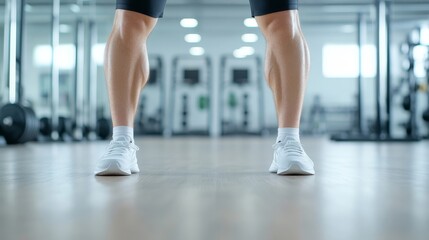 Obraz premium Close-Up of Athletic Legs in Sportswear Ready for Workout in Modern Gym Facility with Fitness Equipment in Background