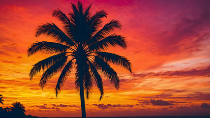 Landscape featuring a single palm tree silhouetted against a dramatic sunset sky.