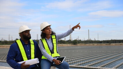 Black persons of Electrical Engineers or workers work on-site Floating solar panels or solar cell Platform systems on the lake.