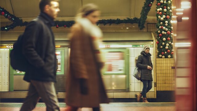 Woman waiting at subway station during Christmas